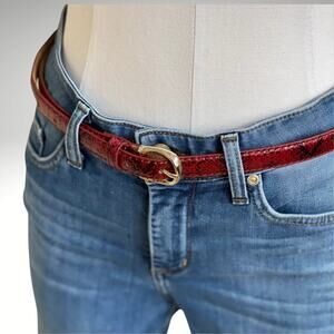 Red Textured Faux Snakeskin Textured Women's Belt with Gold Tone Hardware+
